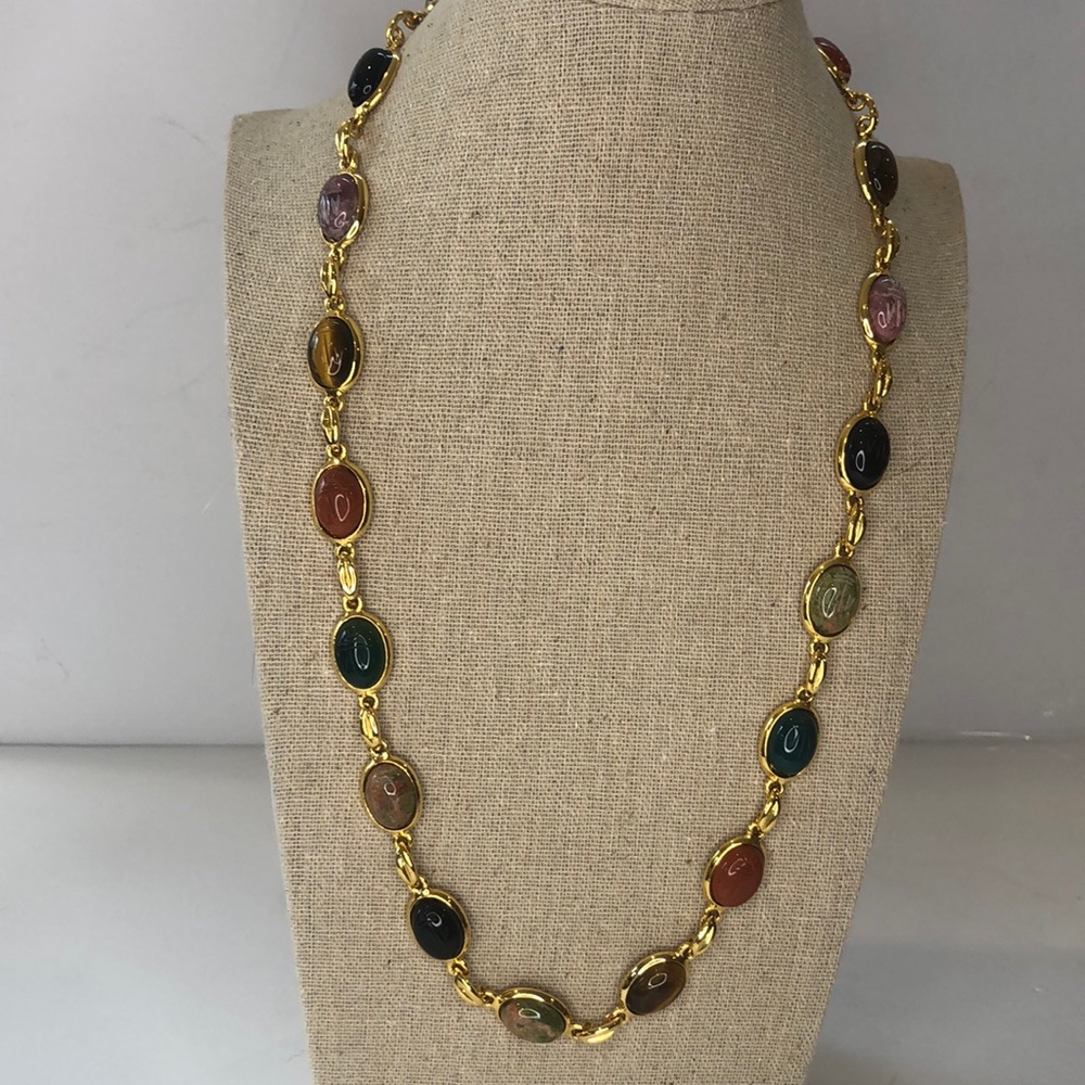 Scarab Stone Multi Color Necklace 22" Goltone